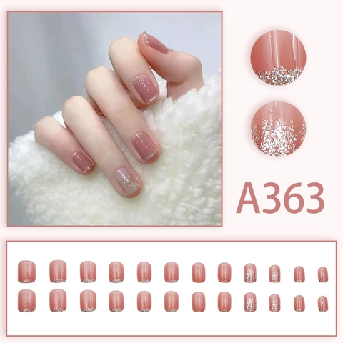 Press On Nails Short Square Round Pink Gradient Ice-Through Silver Glitter French Style Fake Nails For Women Girls