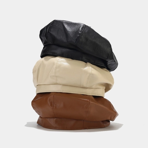 Boina De Cuero PU Para Mujer Vintage Color Sólido Gorra Octogonal Otoño Invierno Sombrero De Pintor Artista Accesorios