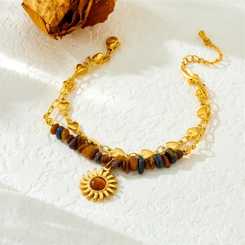 Double Layer Bracelet Stainless Steel Tiger Eye Stone Heart Chain Sun Pendant Vintage Bohemian Jewelry For Women