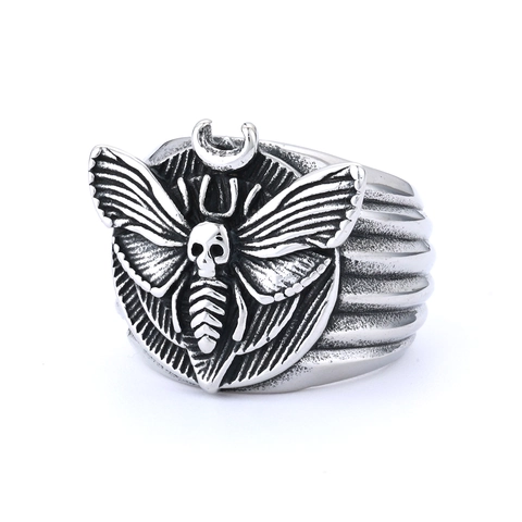 Stainless Steel Gothic Ring Skull Deaths-Head Hawkmoth Crescent Moon Vintage Punk Biker Jewelry Unisex