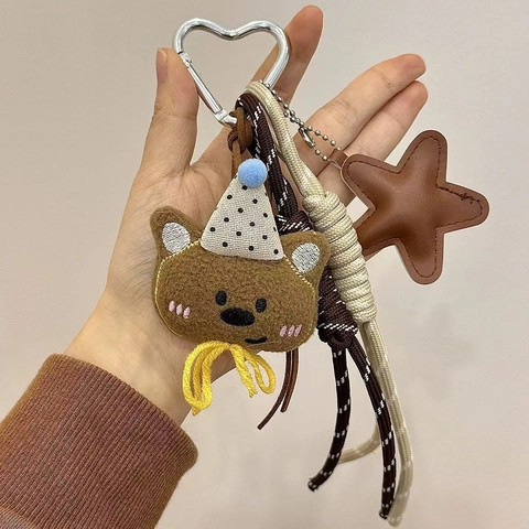DIY Plush Animal Head Keychain Heart Shape Metal Clip PU Leather Star Charm Braided Rope Kawaii Bag Pendant Backpack Accessory