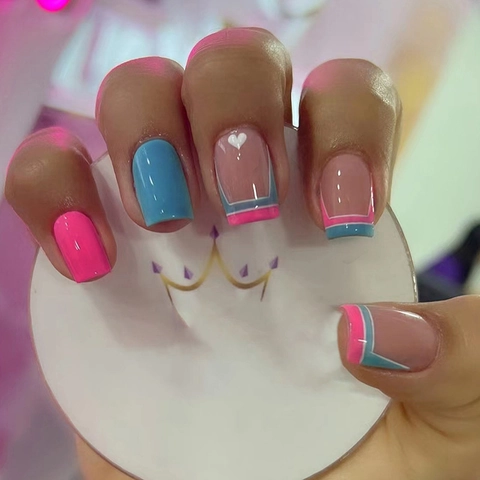 Faux Ongles À Presser Coeur Français Forme Carrée Color Block Rose Bleu Brillant Décoration D'Ongles Artificiels