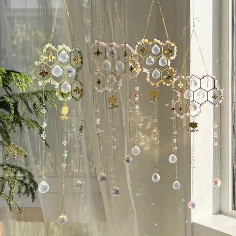 Attrape-Soleil En Cristal Ornement À Suspendre Design Abeille Nid D'Abeille Pierre Naturelle Décoration Fenêtre Jardin Bohème