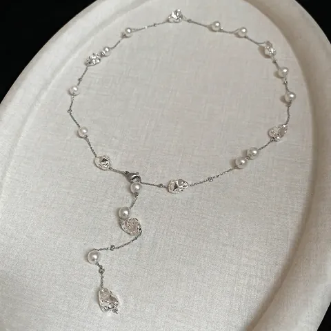 Minimalist Lariat Necklace For Women Irregular Lava Metal Pendant And Faux Artificial Pearl Clavicle Chain Elegant Silver Color Jewelry