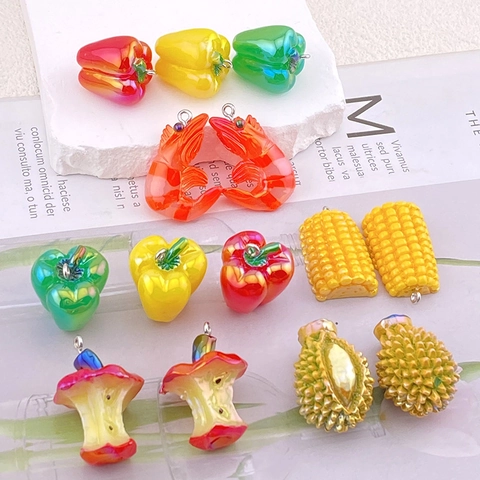 Realistic Simulation Food Pendants Resin Fruit Vegetable Charms With Metal Ring For DIY Jewelry Making Keychain Accessories