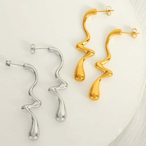 Boucles D'oreilles Pendantes En Acier Inoxydable Ondulées Irrégulières Forme En S Style Métal Liquide Bijoux Abstraits Minimalistes