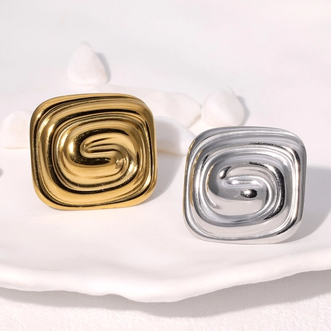 Rechthoekige Roestvrijstalen Ring Met Werveltextuur 18K Verguld Verstelbaar Open Geometrische Mode Sieraden Voor Dames