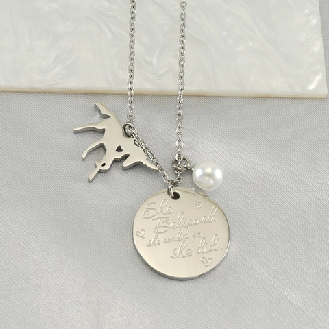Stainless Steel Unicorn Necklace And Bracelet Inspirational Engraved Message Round Tag White Artificial Pearl Jewelry For Women