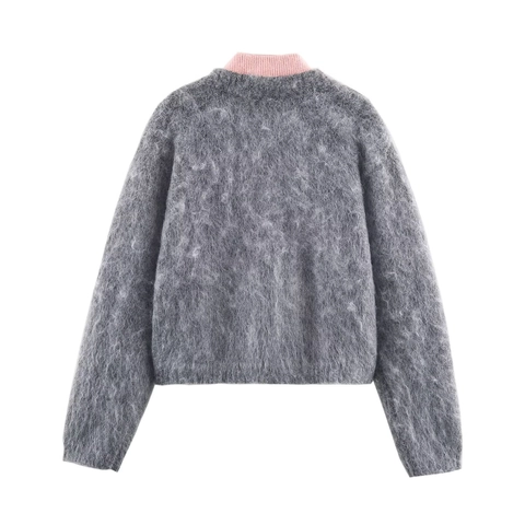 Dames Gebreid Vest Van Pluche Kunstbont En Geribbelde Top Met Hoge Kraag En Rits Color Block Lange Mouwen