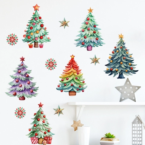 Kerst Muurstickers Kerstboom Sneeuwvlokken PVC Zelfklevend Feestelijke Decoratie Waterdicht Handgeschilderd Kleurrijk Muurschilderingen