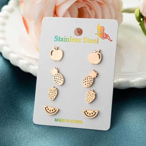 Pendientes De Botón De Acero Inoxidable Frutas Formas Manzana Piña Fresa Sandía Joyas Moda Para Mujeres