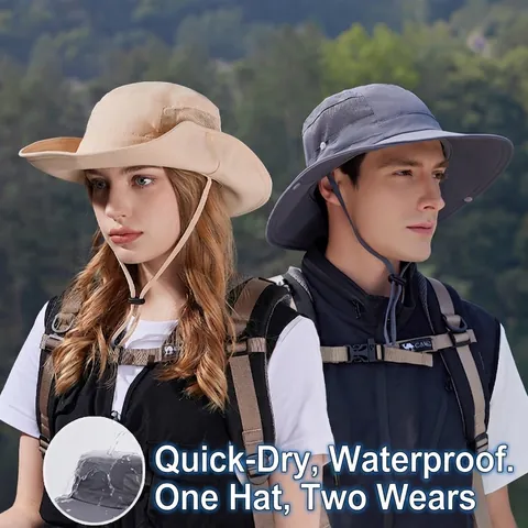 Outdoor Sun Hat Wide Brim Waterproof Quick Dry Breathable Mesh Fishing Hiking Bucket Hat With Adjustable Windproof String