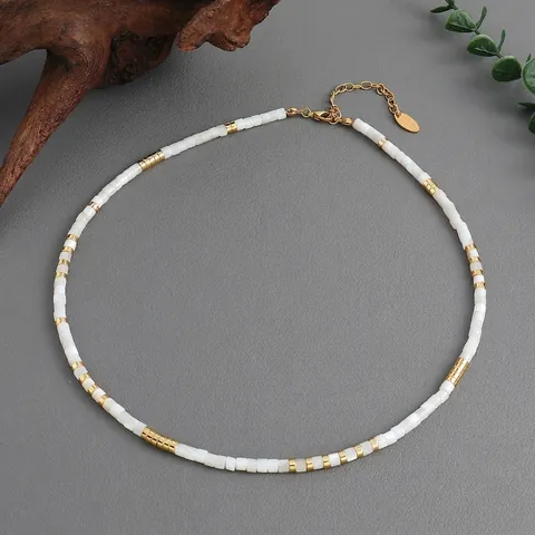 Collar Minimalista De Cuentas De Concha Blanca Cuadradas Latón Bañado En Oro Gargantilla Elegante Hecha A Mano Mujeres