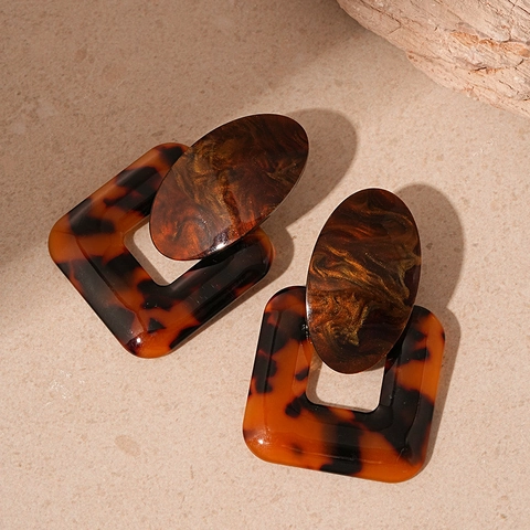 Vintage Geometric Resin Tortoise Shell Statement Drop Earrings With Silver Earring Post Retro Aesthetic For Women