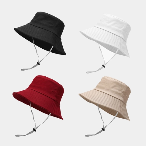 Wide Brim Cotton Canvas Bucket Hat With Adjustable Windproof Rope For Outdoor Summer Sun Protection Plain Solid Color