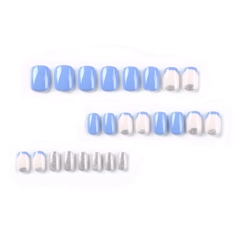 Unghie Finte Corte Quadrate Blu Bianco Contrasto Stile Francese Glitter Argento Unghie In ABS Lucide Per Donna