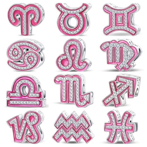 Zodiac Constellations Charms Beads Silver Plated Copper Pink Enamel Zirconia For DIY Bracelet Jewelry Making Women