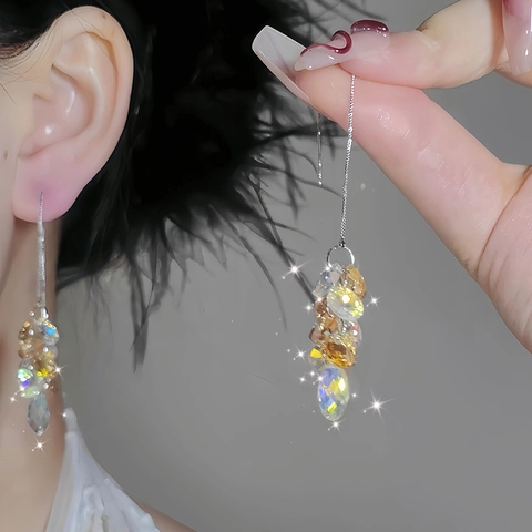 Pendientes De Borla Con Poste De Plata Vidrio Facetado Cristal Lujo Largos Joyería Elegante Para Mujer