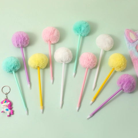 Cute Pom Pom Ballpoint Pen Plush Faux Fur Decorative Creative Stationery Student Writing Gift Pastel Colors