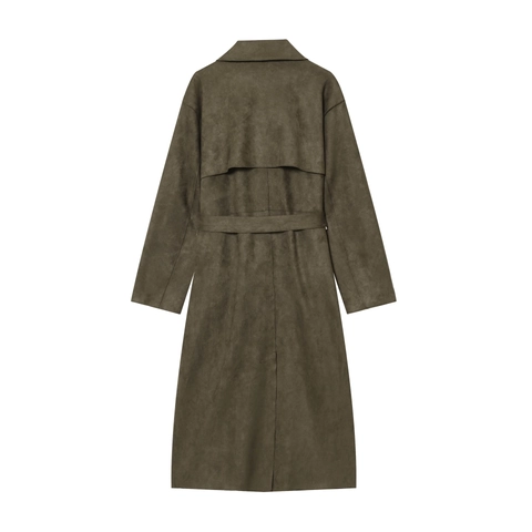 Women Faux Suede Trench Coat Double Breasted Lapel Belted Mid Length Jacket Olive Green Outwear