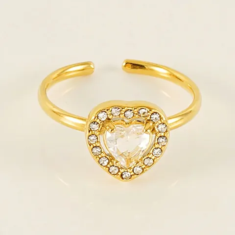 Heart Shaped Zircon Ring Stainless Steel 18K Gold Plated Open Adjustable Fashion Jewelry For Women