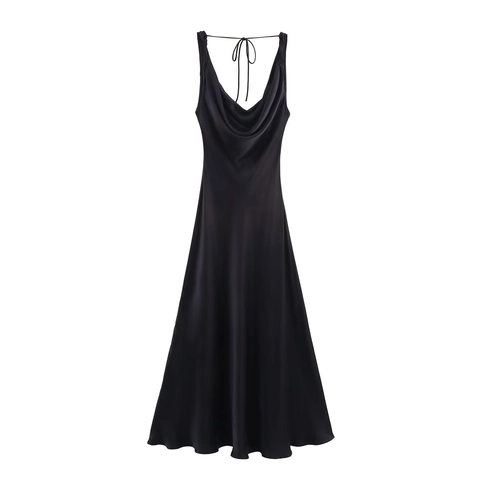 Elegant Satin Maxi Dress Women Cowl Neck Spaghetti Strap Backless Lace Up Solid Color Evening Party Satin Texture