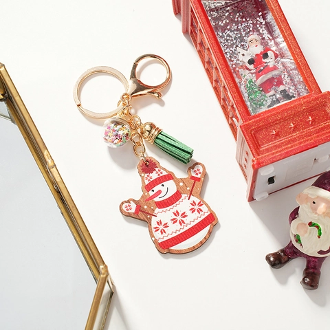 Portachiavi Pupazzo Di Neve Di Natale Ciondolo In Legno Con Nappa Verde Chiusura In Metallo Palla Di Paillettes Decorazione Per Borsa Regalo