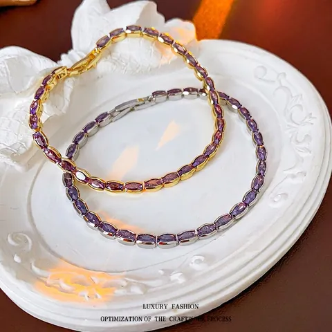 Elegante Bracciale Tennis In Zircone Viola Da Donna In Rame Placcato Oro Catena Geometrica Ovale Gioielli Di Lusso