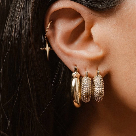 Boucles d'Oreilles Anneaux en Acier Inoxydable avec Zirconia Plaqué Or 18K Incrusté Pierre Blanche Verte Femme Bijoux