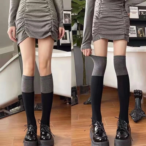 Women Color Block Patchwork High Tube Socks Polyester Knit Over The Knee Calf Socks Dark Academia Gothic Style
