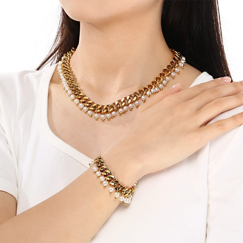 Collana E Bracciale Maglia Cubana Tono Oro E Argento Acciaio Inossidabile Perla Artificial Simulata Hip Hop Retro Punk Donne