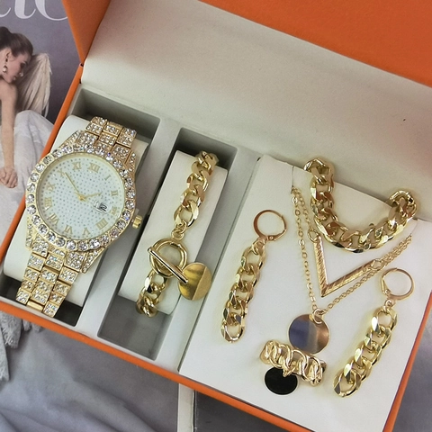 Luxus Quarz Rund Oder Quadrat Uhr Mit Strass Und Schmuck Halskette Armband Ohrringe Ring Legierung Mode Damen