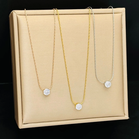 Collana In Acciaio Al Titanio Minimalista Con Zircone Tondo Incastonatura A 6 Griffe Catena Per Clavicicola Per Donne