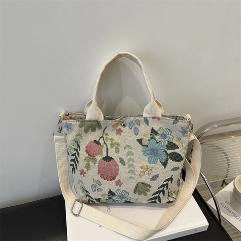 Women Handbag Tote Crossbody Bag Floral Strawberry Print Canvas Corduroy Vintage Casual Adjustable Strap