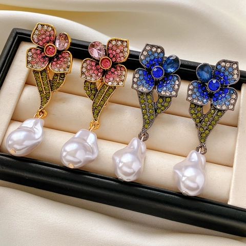 Orecchini Pendenti A Fiore Vintage Con Strass Künstliche Perle Barocche Imitazione E Perno In Argento Per Donna