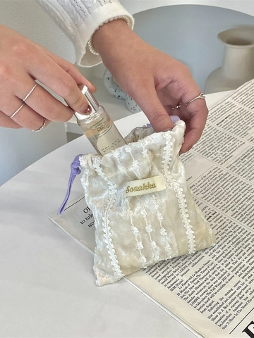 Pochon En Velours Avec Dentelle Maquillage Bijoux Petit Sac De Rangement Style Vintage Français Pour Femmes