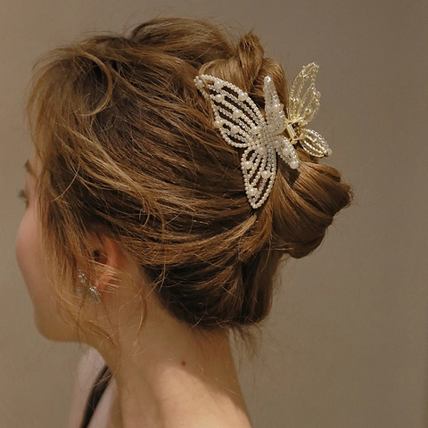 Butterfly Hair Claw Clip Alloy Faux Artificial Pearl Rhinestone Large Elegant Hairpin Shark Clip Headwear For Women