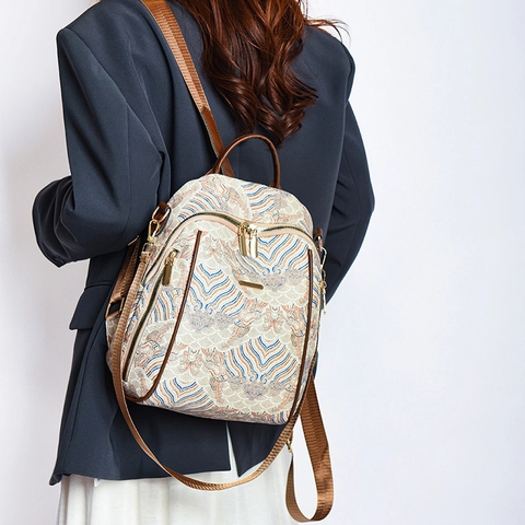 Women Fashion Backpack PU Leather Retro Wave Pattern New Chinese Style Casual Daypack For School Travel