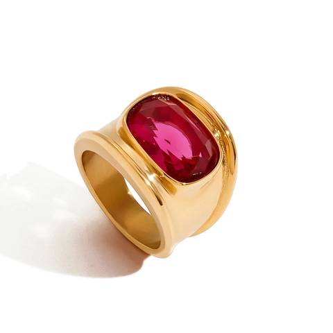 Wide Band Ring Stainless Steel 18K Gold Plated Rectangular Pink Zircon Gemstone Vintage Luxury Jewelry For Women