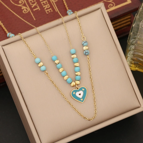 Evil Eye Heart Necklace Bracelet Hoop Earrings Stainless Steel Double Layer Bohemian Enamel Jewelry For Women