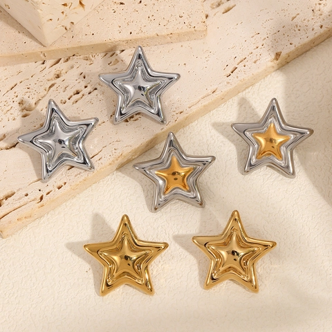 Orecchini Stella Moda Donna Acciaio Inossidabile Placcato Oro 18K Lucidato Specchio Pentagramma Stratificato Gioielli