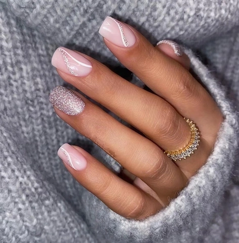 Silver Glitter Wavy Lines Press On Nails Nude Pink Square Fake Nails Shiny ABS Manicure For Women Elegant Sweet Style