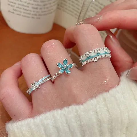 Korean Style Flower Star Open Ring Copper Enamel Rhinestone Adjustable Elegant Jewelry For Women