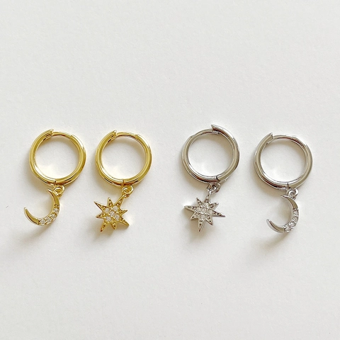 Orecchini A Cerchio Asimmetrici Stella E Luna Con Zircone Argento Sterling 925 Gioielli Stile Coreano Per Donne