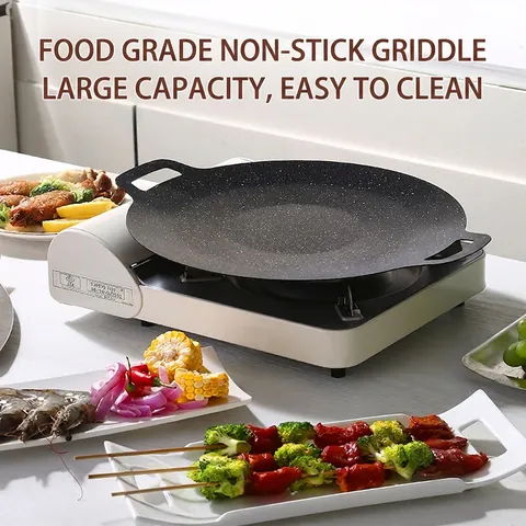 Round Korean BBQ Grill Pan Maifan Stone Non-Stick Coating Dual Handles Portable Griddle For Outdoor Camping Induction Gas