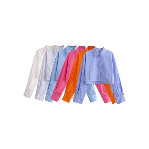Women Lightweight Cropped Long Sleeve Shirt Polyester Lapel Collar Chest Pockets Button Down Casual Workwear Top