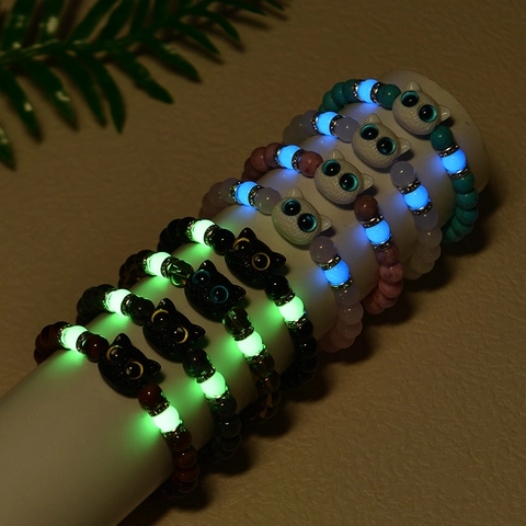Luminous Beaded Bracelet Natural Tiger Eye Stone Glow In The Dark Animal Cat Owl Head Elastic Jewelry For Women Men