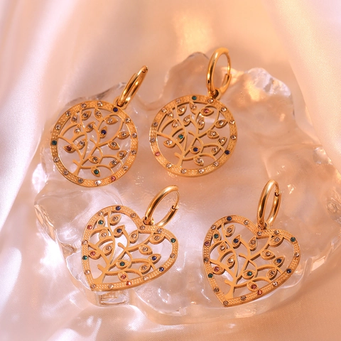 Tree Of Life Drop Earrings Titanium Steel Gold Plated Colorful Zircon Hollow Geometric Minimalist For Women