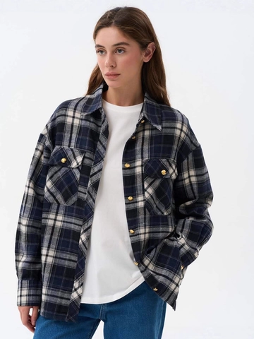 Veste Chemise À Carreaux Pour Femmes Manches Longues Mélange Polyester Coton Shacket À Boutons Dorés Et Poches Poitrine Décontracté