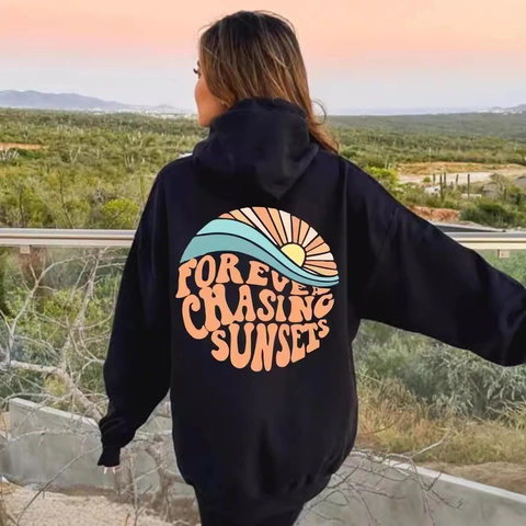 Men Hoodie Polyester Long Sleeve Drawstring Kangaroo Pocket Forever Chasing Sunsets Print Retro Graphic Streetwear